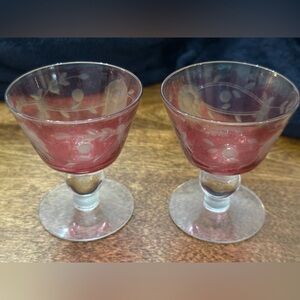 Vintage Etched 2 Ruby Red Liqueur Glasses